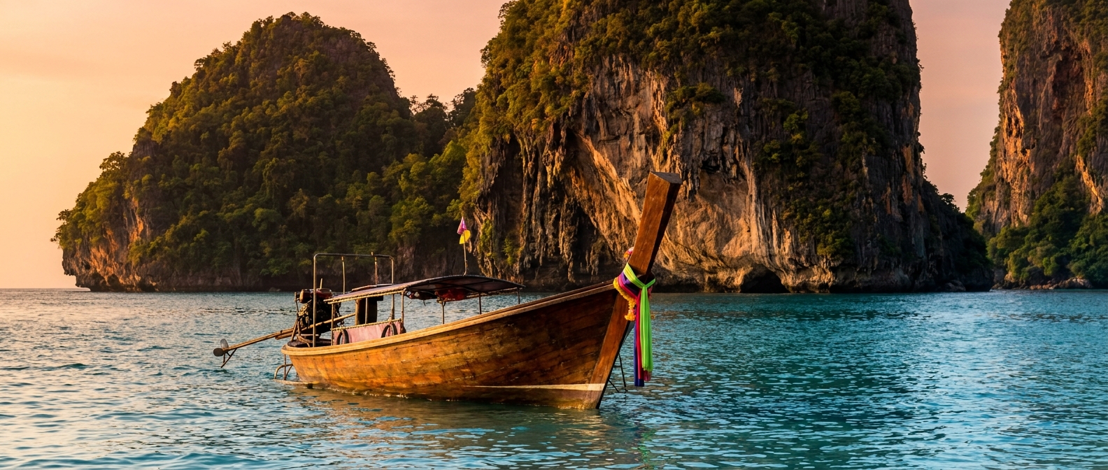 Longtail boat on turquoise water beneath limestone cliffs in Krabi, Thailand, a no-malaria island destination