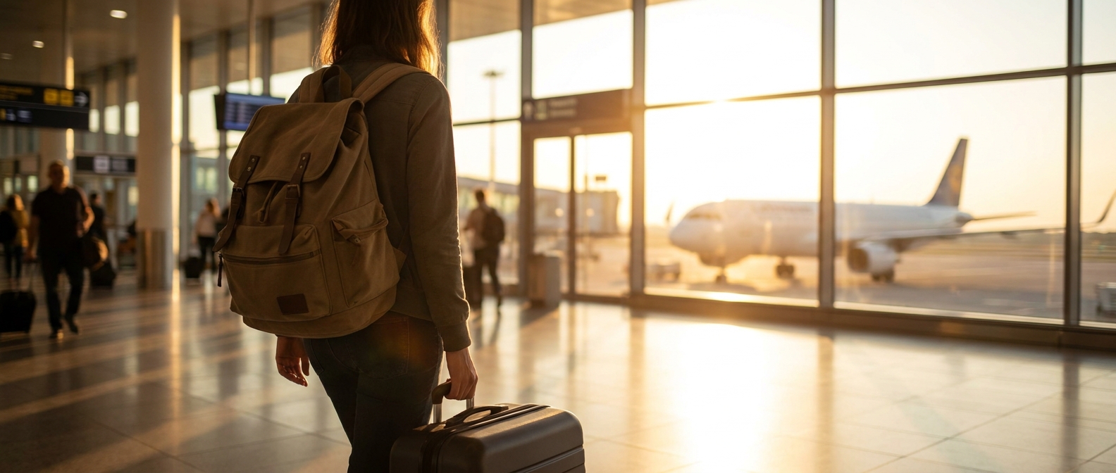 Traveller with a backpack and suitcase walking to the departure gate at golden hour, days before flying to Thailand
