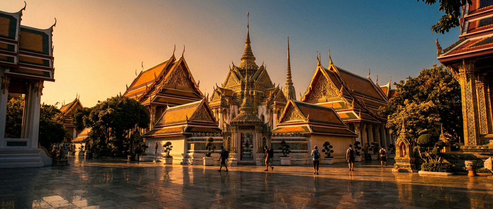 Golden spires of a Thai temple at sunset, a repeat trip many travellers make with vaccine cover still in date