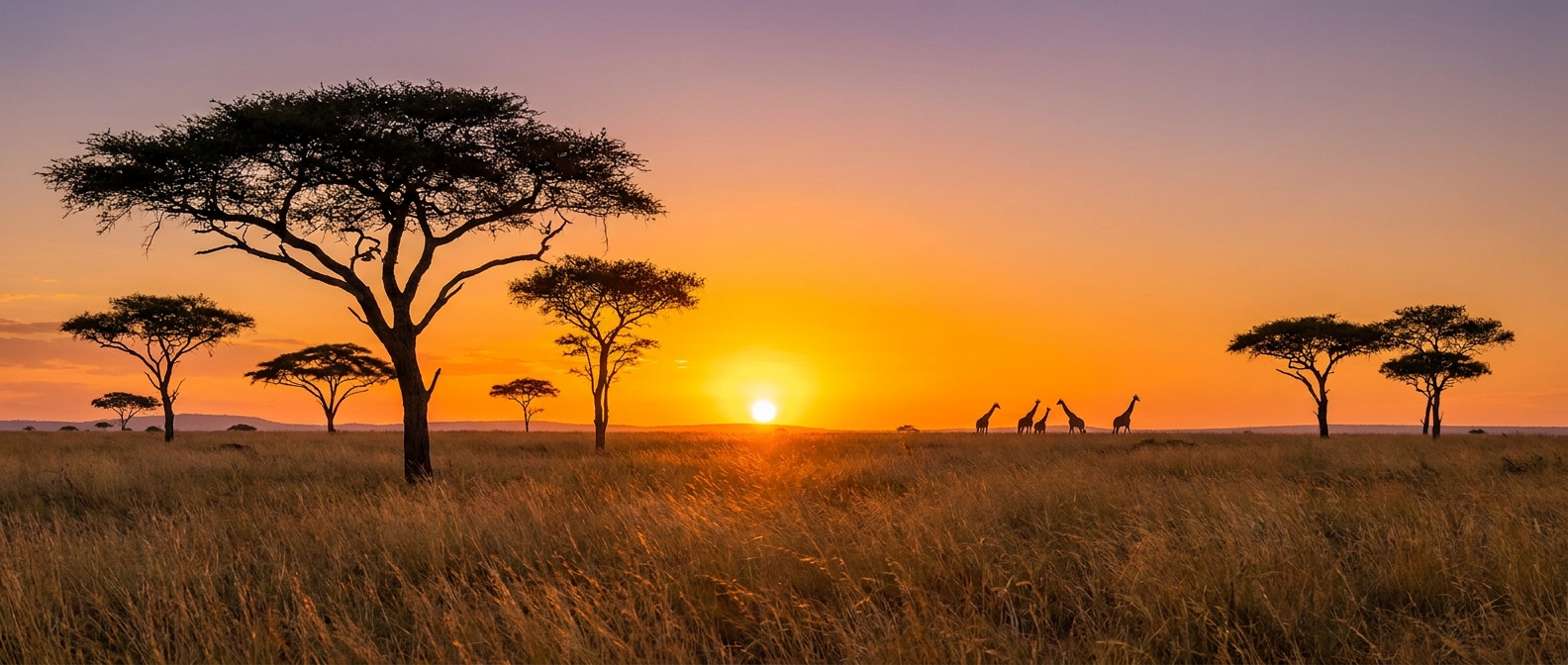 African savanna with acacia trees at sunset, a region where yellow fever vaccination is recommended for travellers