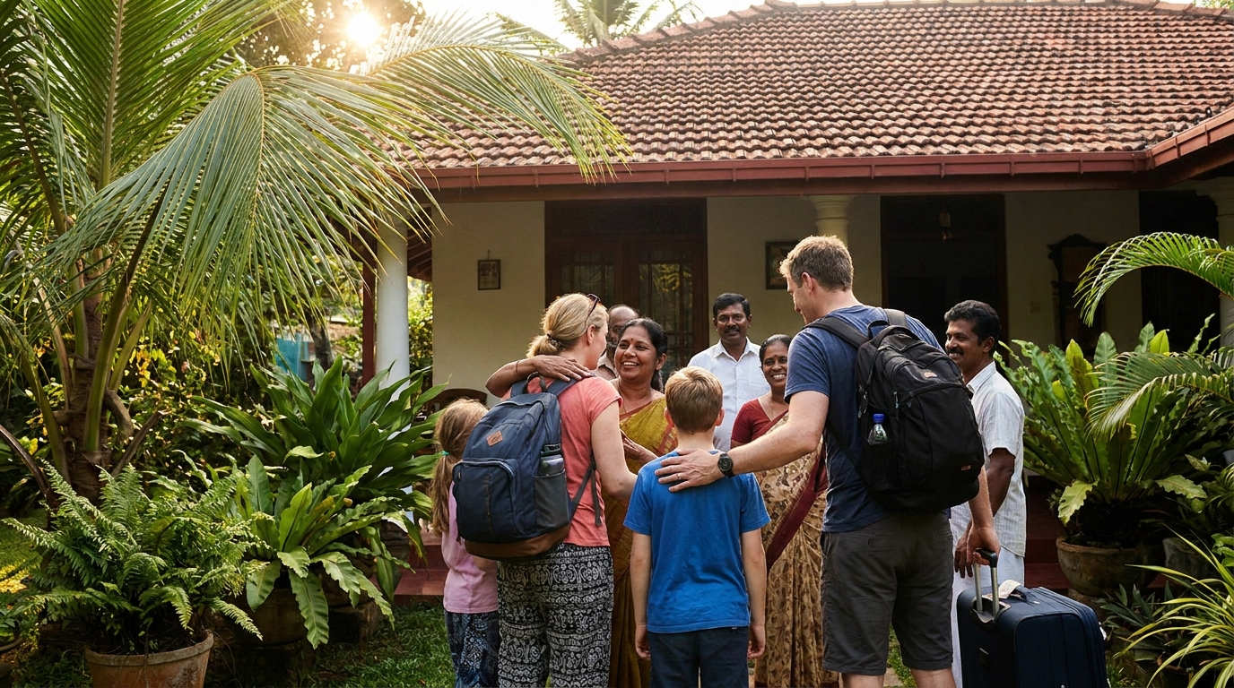 Family greeting relatives on a veranda in Sri Lanka, the kind of trip behind many UK chikungunya cases