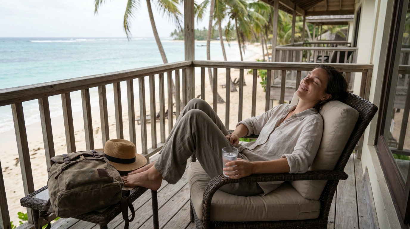 Relaxed traveller resting on a balcony overlooking a tropical beach