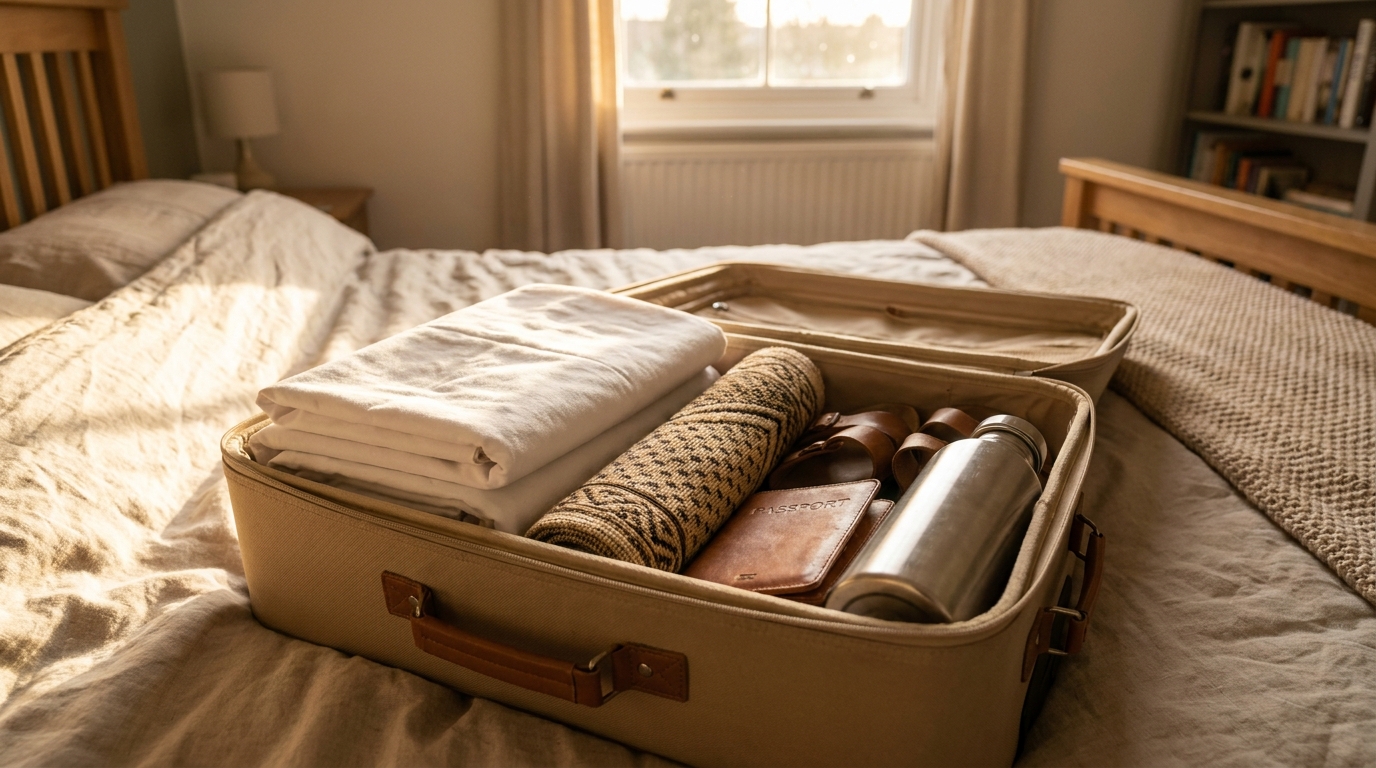 Suitcase packed for Hajj or Umrah with white pilgrim garments, a prayer mat, sandals and a passport