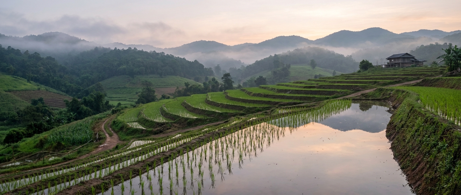 Rice paddies in a rural valley near Chiang Mai, northern Thailand, where Japanese encephalitis risk is higher
