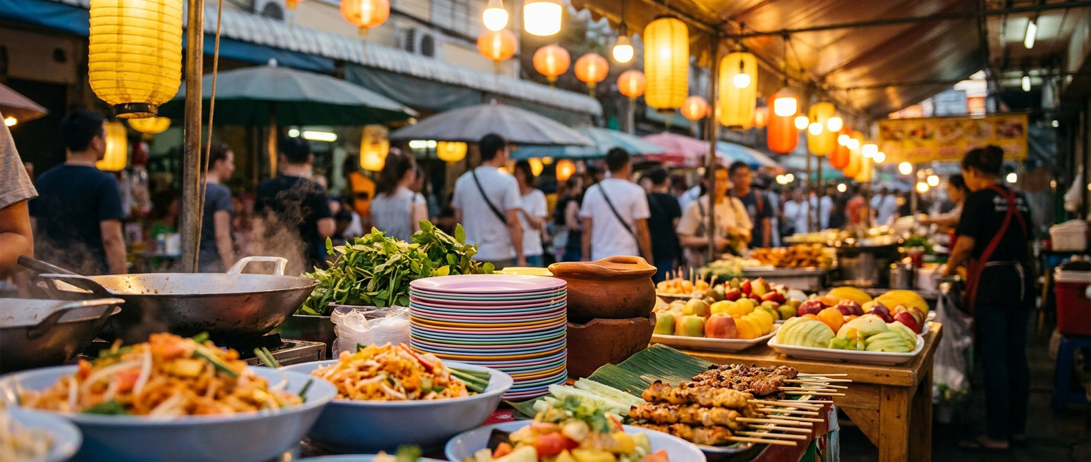 Bangkok street food stalls at dusk, where hepatitis A and typhoid risk travels through food and water