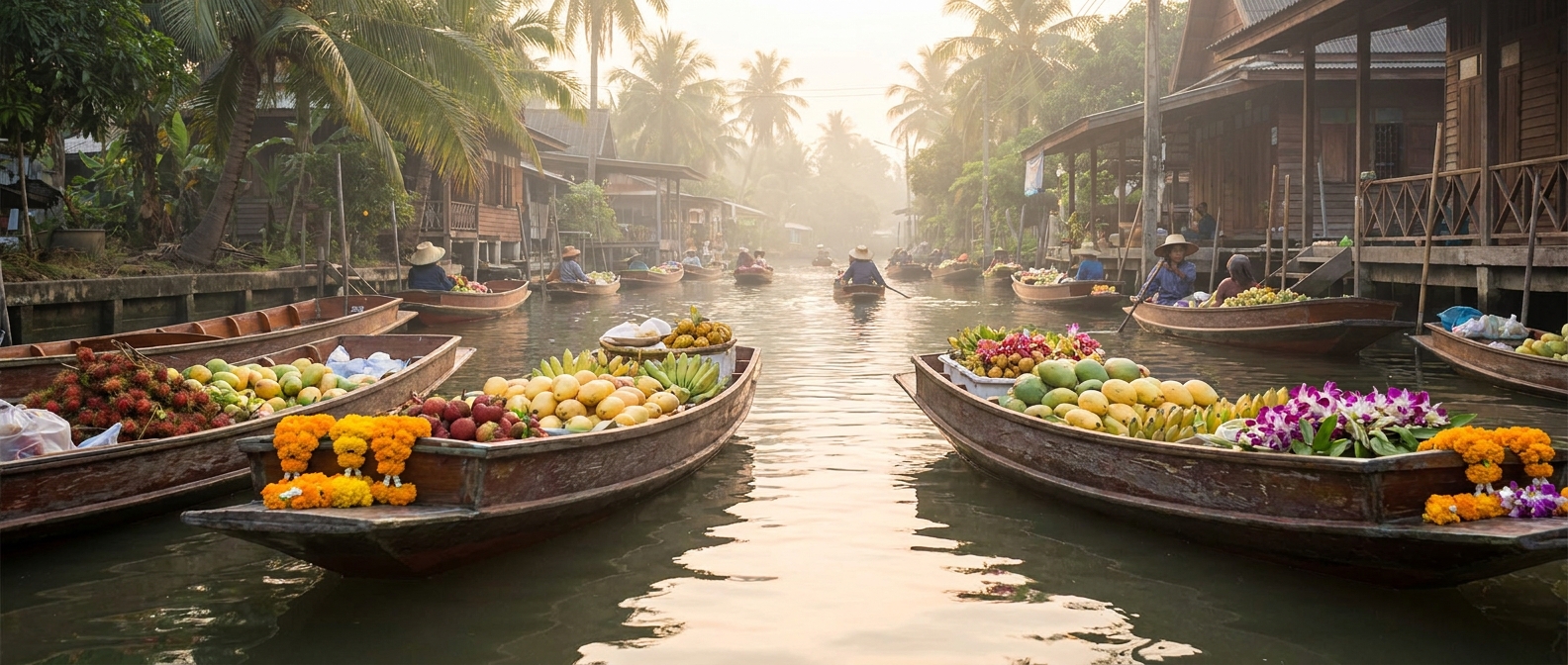 Wooden boats laden with fruit at a Thai floating market, where food and water borne infection risk makes hepatitis A and typhoid cover matter