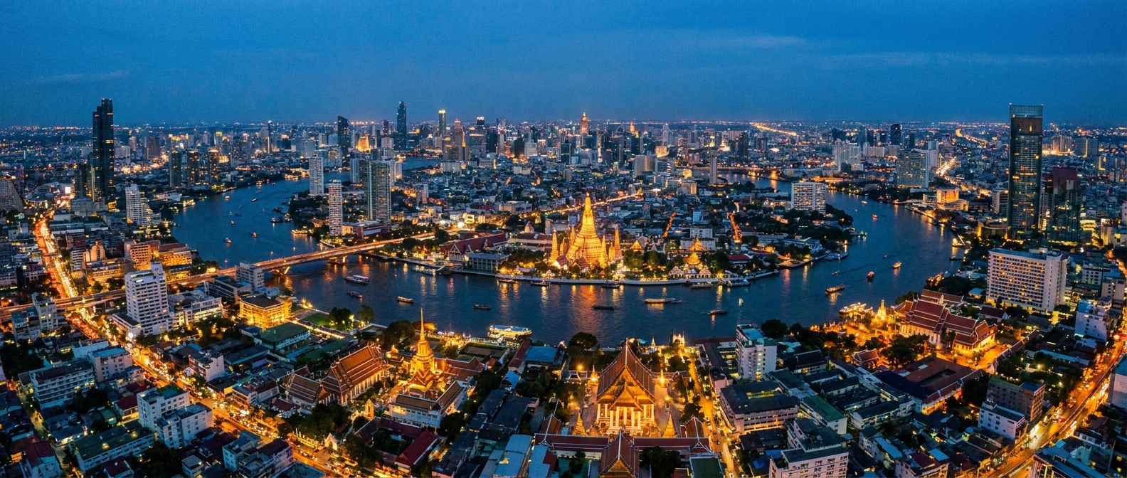 Bangkok skyline at dusk with the Chao Phraya river, a destination with no yellow fever transmission risk