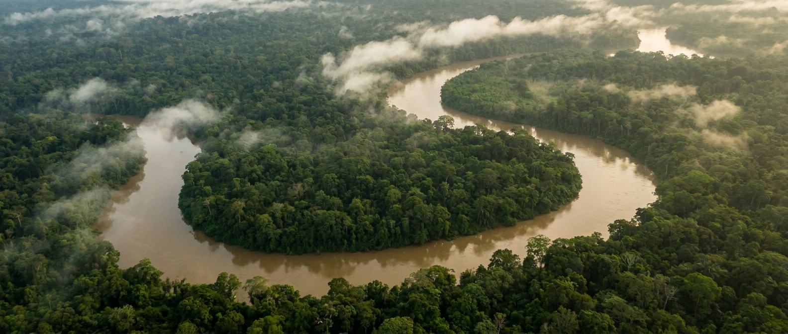 River winding through Amazon rainforest canopy, part of the South American yellow fever risk region