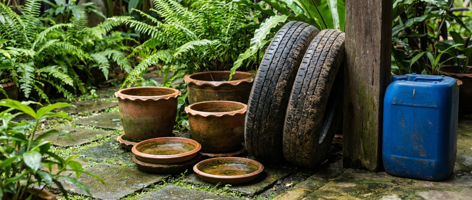 Rainwater standing in flowerpot saucers, an old tyre and a container in a tropical courtyard, typical Aedes mosquito breeding sites