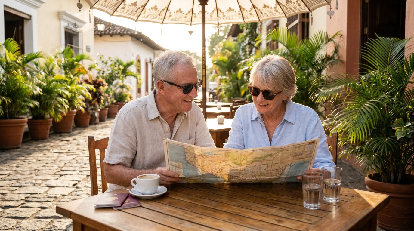 Older couple planning a tropical trip at a sunny cafe table with a map and passports