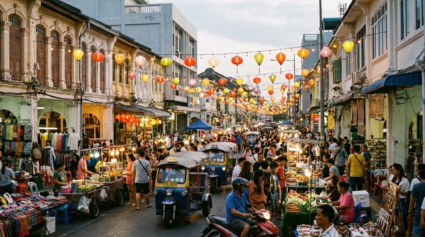 Busy tropical street market at dusk, where the daytime-biting mosquitoes behind dengue and chikungunya live alongside people
