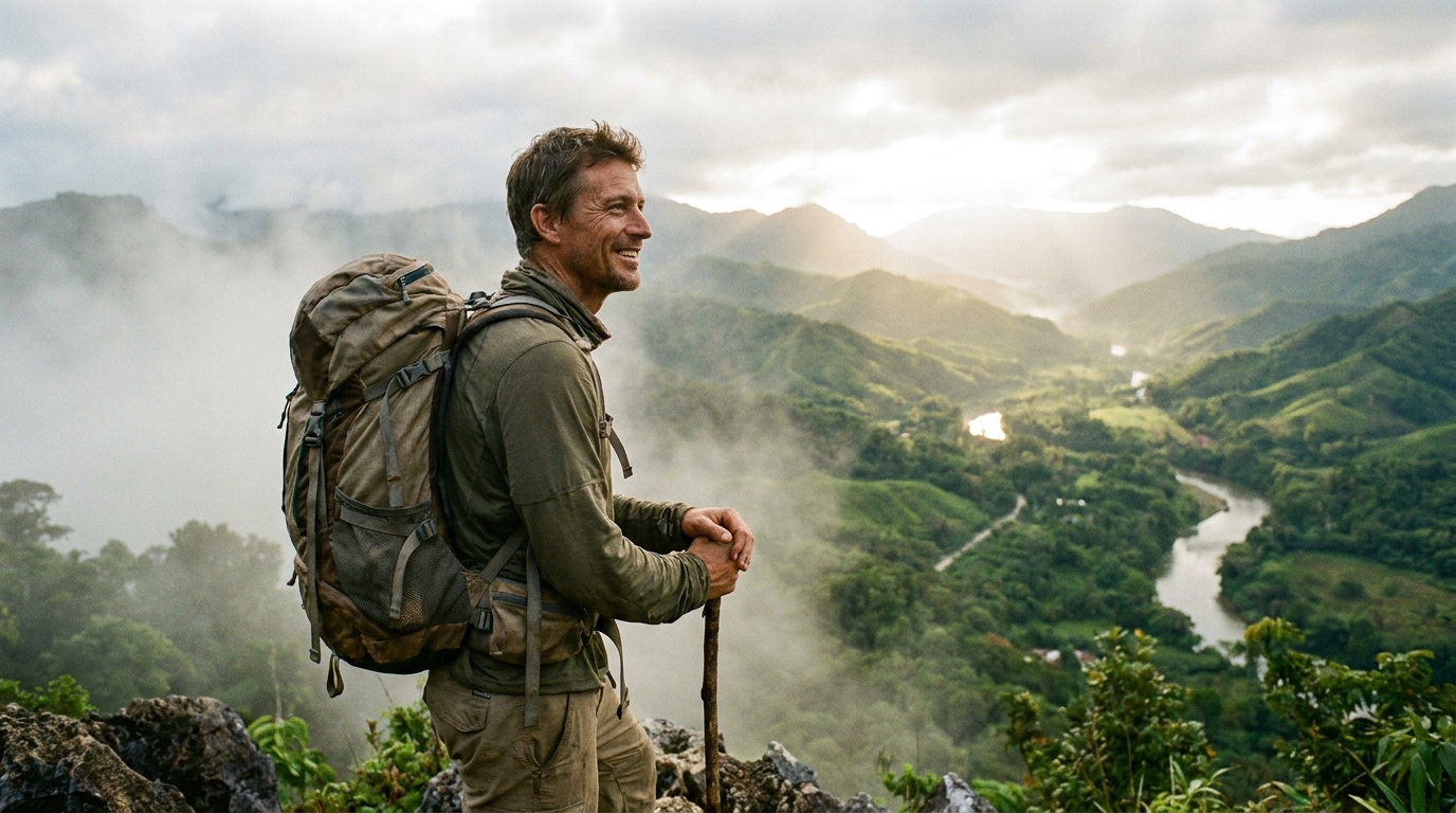 Traveller with a backpack looking out over a green tropical valley in the morning