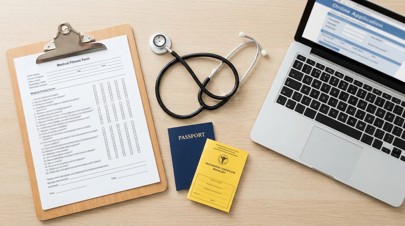 Medical fitness form on a clipboard beside a stethoscope, passport, vaccination booklet and a laptop showing an online application