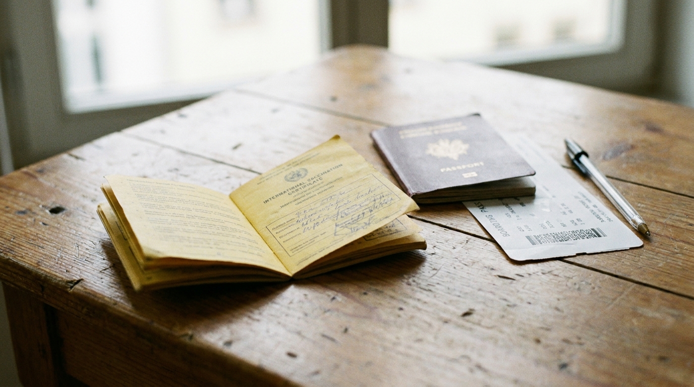 Open vaccination certificate booklet beside a passport, the documents Saudi Arabia checks for Hajj and Umrah