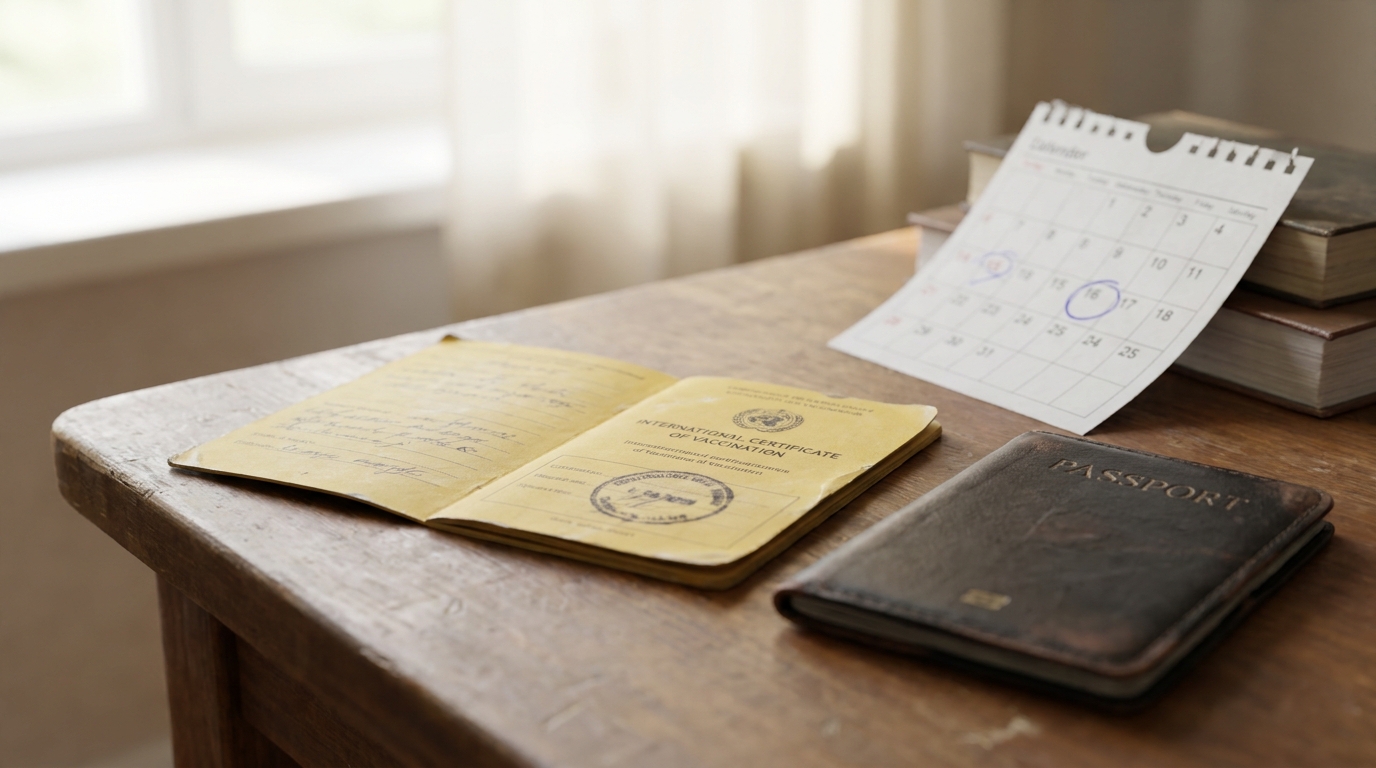 Open vaccination certificate booklet with a stamped entry beside a passport and a calendar with a date circled