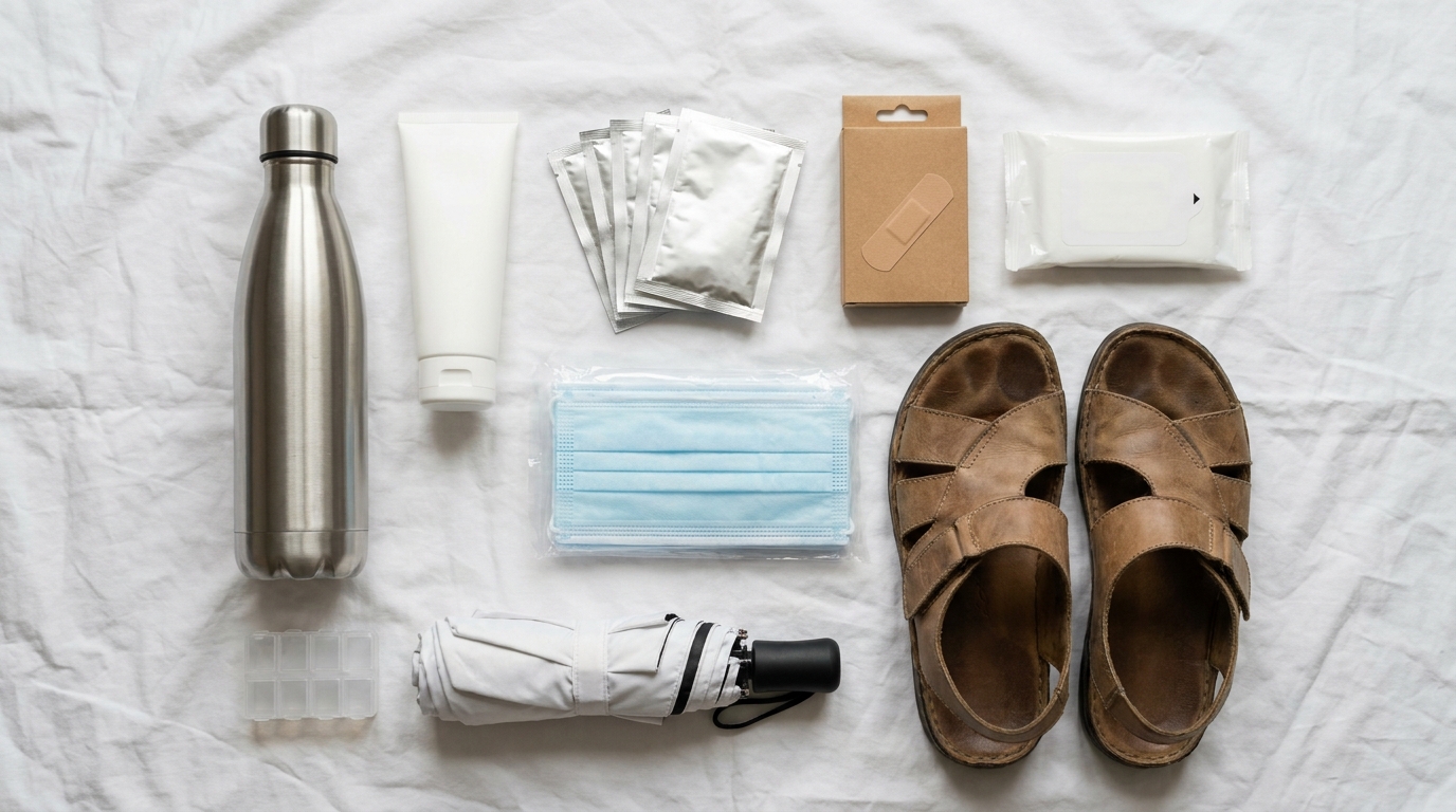 Hajj health kit flat-lay with water bottle, sunscreen, rehydration sachets, plasters, face masks, sandals and a white umbrella