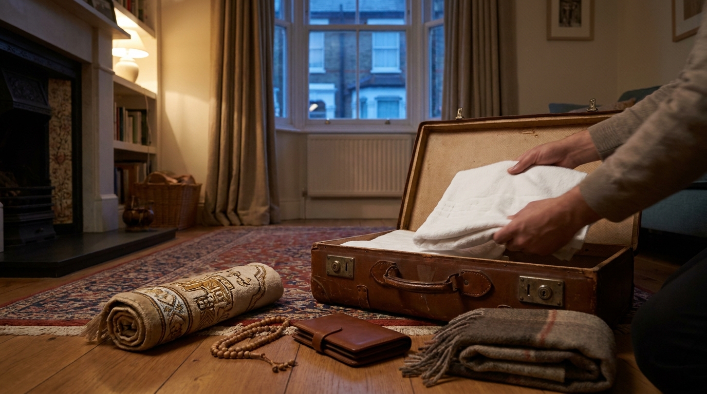 Suitcase being packed for Umrah with folded white ihram cloth, a prayer mat and prayer beads